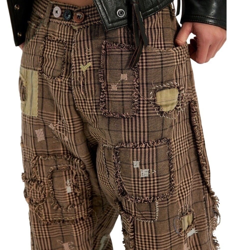 Magnolia Pearl Yarn Dyed Cotton Patchwork Check Miner Pants Adjustable Waist NEW - Picture 12 of 14